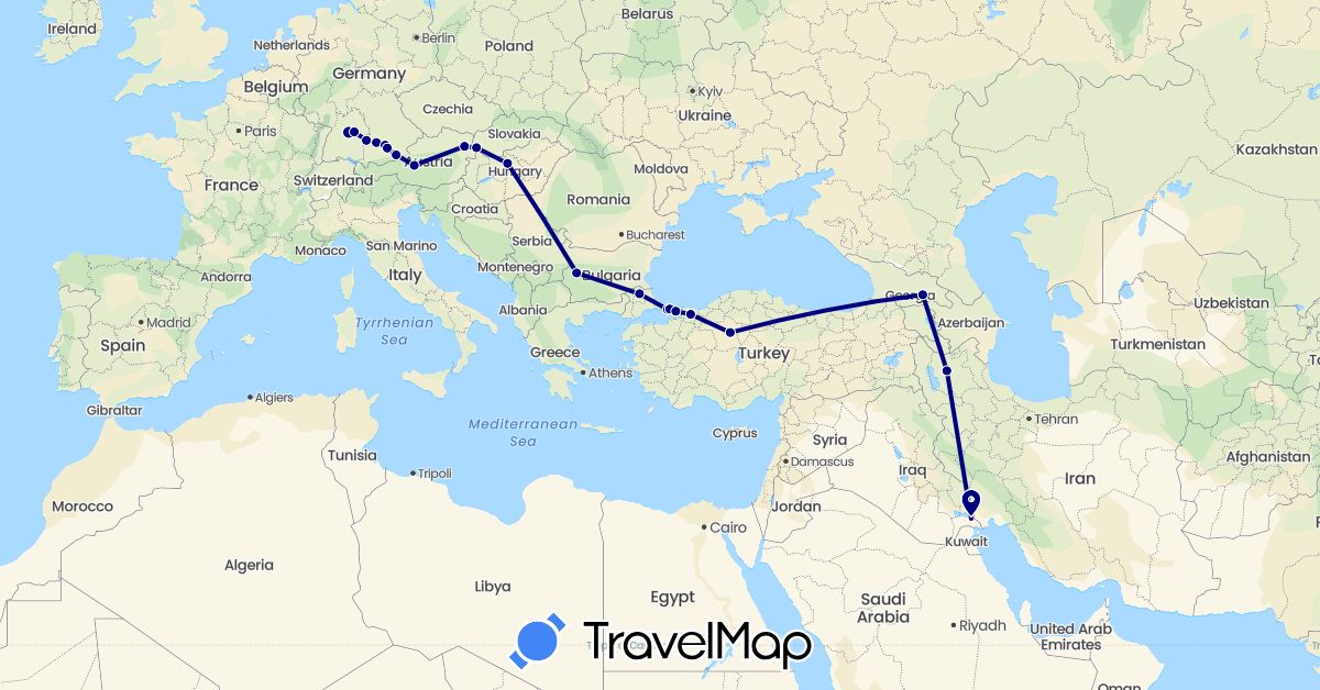TravelMap itinerary: driving in Austria, Bulgaria, Germany, Georgia, Hungary, Iraq, Iran, Slovakia, Turkey (Asia, Europe)